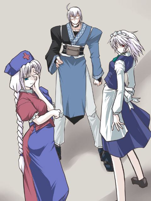izayoi sakuya, morichika rinnosuke, yagokoro eirin, touhou, silver hair, 1boy, 2girls, ahoge, apron, between breasts, blue eyes, braid, breasts, bridal gauntlets, choker, clenched hand, color connection, glasses, hair ribbon, hand on own face, hand on own hip, hat, long hair, maid, maid apron, maid headdress, multiple girls, nurse cap, obi, pants, pouch, red eyes, ribbon, sash, serious, shoes, short hair, skirt, smile, twin braids, waist apron