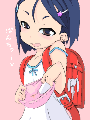 bad id, bad pixiv id, lowres, backpack, bag, blue hair, blush, camisole, flat chest, hair ornament, hairclip, panties, randoseru, short hair, solo, underwear
