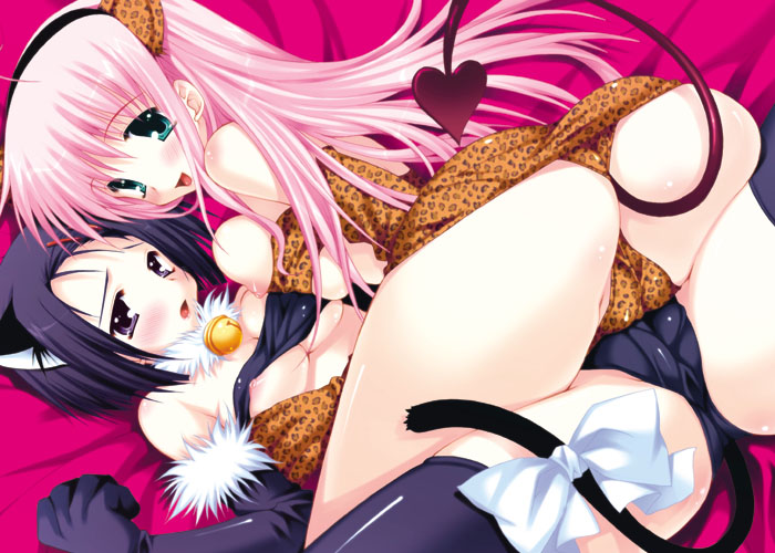 araiguma, lala satalin deviluke, sairenji haruna, to love-ru, 00s, 2girls, animal ears, ass, bare shoulders, bed, bell, blush, breast press, breasts, cameltoe, cat ears, cat tail, clothes lift, demon tail, elbow gloves, fake animal ears, gloves, green eyes, hairband, long hair, looking at viewer, looking back, mating press, medium breasts, multiple girls, nipples, open mouth, pink hair, purple eyes, purple hair, ribbon, shiny clothes, shiny skin, shirt lift, short hair, spread legs, tail, tail ornament, tail ribbon, take your pick, thighhighs, tribadism, yuri