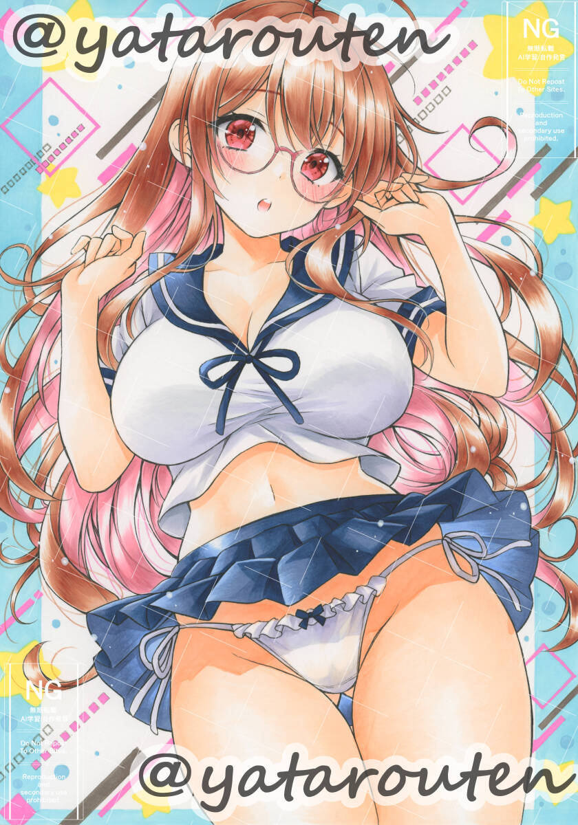 1girl, breasts, brown hair, cleavage, panties, sailor collar, side-tie panties, underwear, white panties