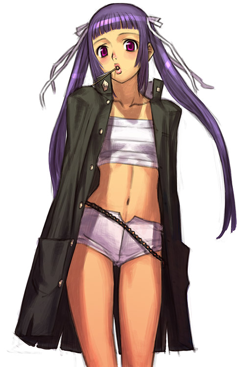 sakamoto mineji, original, coat, gakuran, midriff, purple eyes, purple hair, sarashi, school uniform, serafuku, solo, twintails