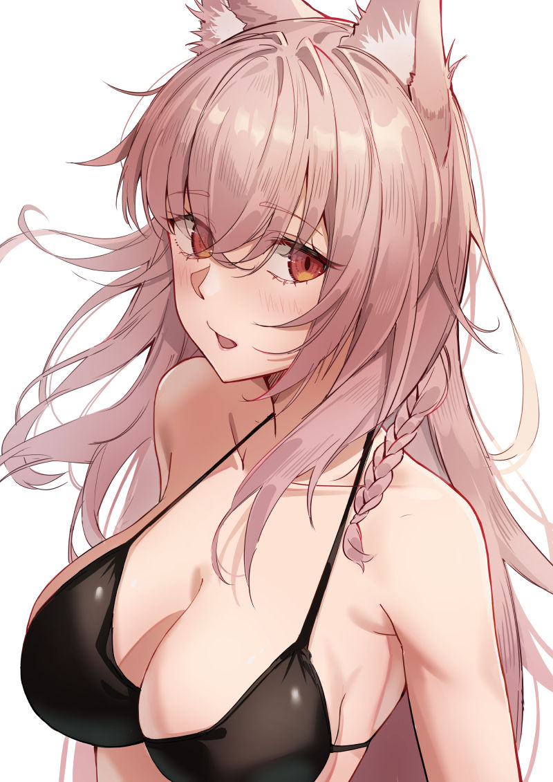 motirimoti, pozyomka (arknights), arknights, commentary request, partial commentary, 1girl, animal ear fluff, animal ears, bikini, black bikini, blush, braid, breasts, cleavage, collarbone, eyes visible through hair, hair between eyes, large breasts, long hair, open mouth, orange eyes, pink hair, simple background, solo, swimsuit, upper body, white background