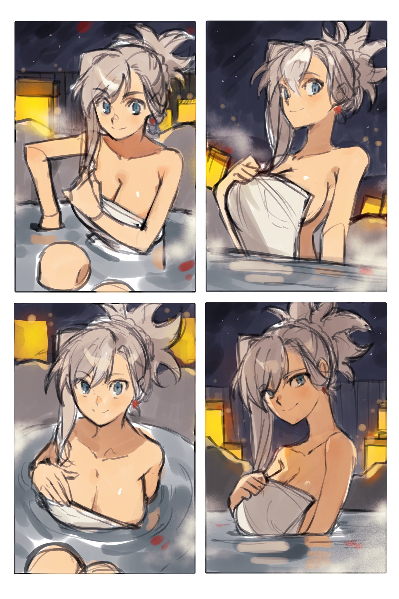 yamabuki otk, miyamoto musashi (fate), fate/grand order, fate (series), highres, 1girl, blue eyes, breasts, closed mouth, collarbone, grey hair, large breasts, looking at viewer, naked towel, onsen, partially submerged, ponytail, sitting, smile, towel, water