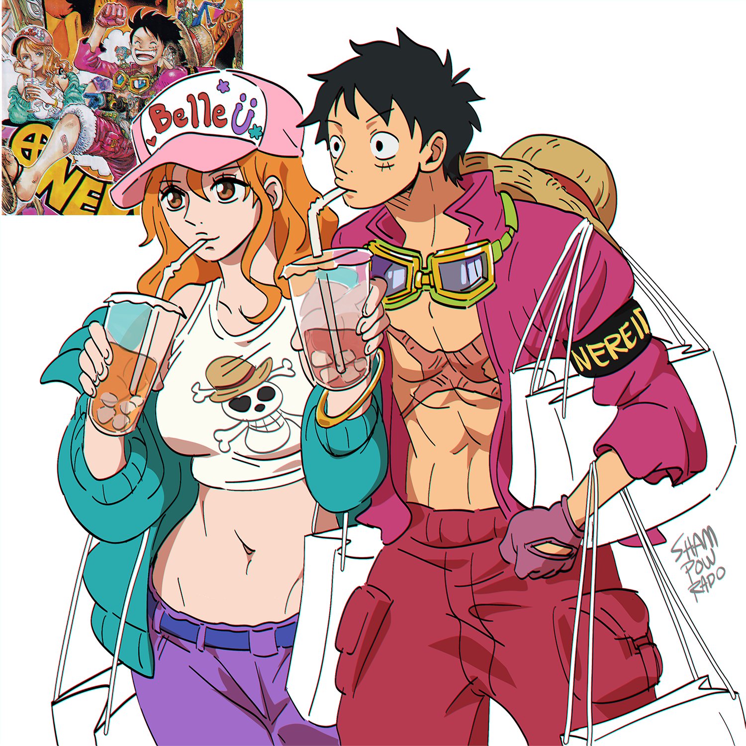 shampowrado, monkey d. luffy, nami (one piece), one piece, 1boy, 1girl, bag, black hair, brown eyes, couple, crop top, curvy, drink, drinking, drinking straw, hat, midriff, muscular, muscular male, open clothes, open shirt, orange hair, scar, shopping bag, straw hat, streetwear