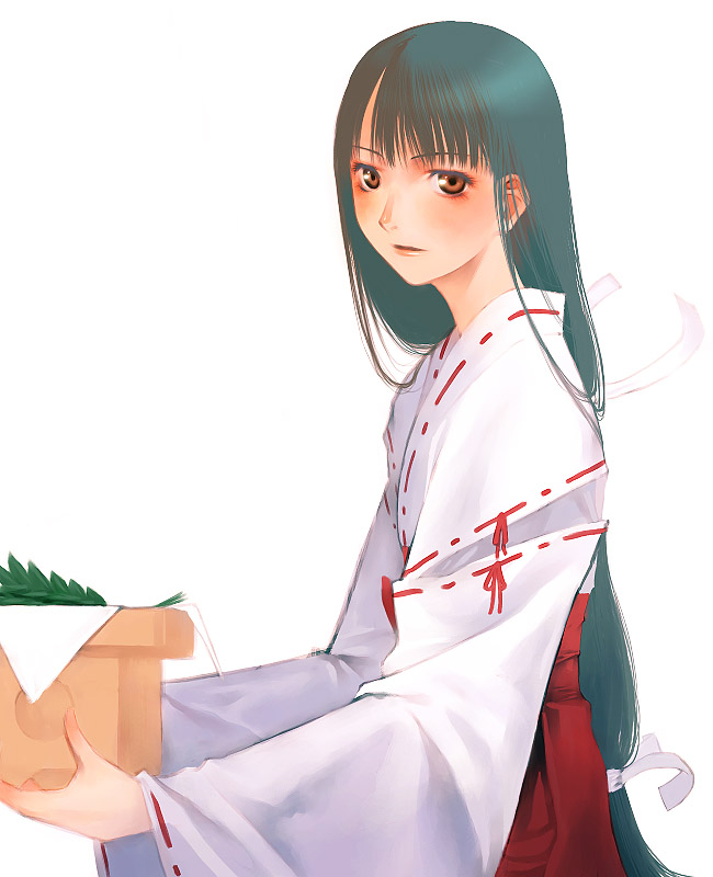 sakamoto mineji, original, 1girl, brown eyes, carrying, female focus, grey hair, hakama, hakama skirt, japanese clothes, leaf, long hair, looking at viewer, low-tied long hair, low ponytail, miko, ponytail, red hakama, simple background, skirt, solo, very long hair, white background