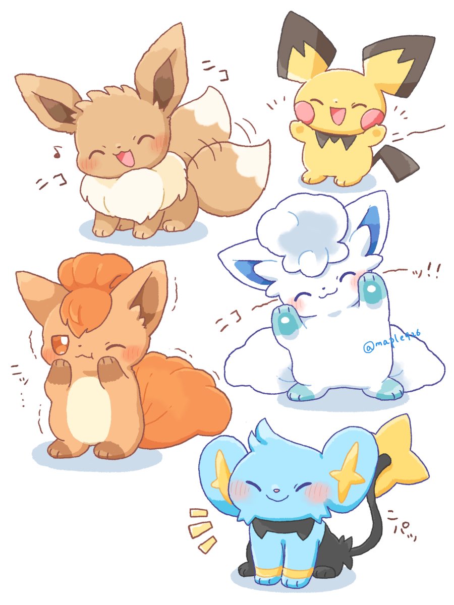 kana (maple926), alolan vulpix, eevee, pichu, shinx, vulpix, nintendo, pokemon, commentary request, highres, alolan form, blush, closed eyes, closed mouth, full body, gen 1 pokemon, gen 2 pokemon, gen 4 pokemon, gen 7 pokemon, happy, musical note, no humans, one eye closed, open mouth, pokemon (creature), smile, twitter username, white background