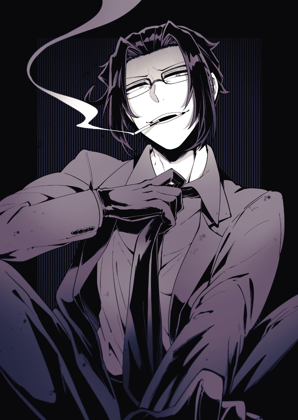naberius kalego, mairimashita! iruma-kun, highres, 1boy, adjusting clothes, adjusting necktie, black background, cigarette, curtained hair, formal clothes, glasses, gloves, indian style, isiko mim z, jacket, lapels, looking at viewer, male focus, monochrome, mouth hold, necktie, open clothes, open jacket, pants, shirt, short hair, simple background, sitting, smile, smoke, smoking, solo, suit