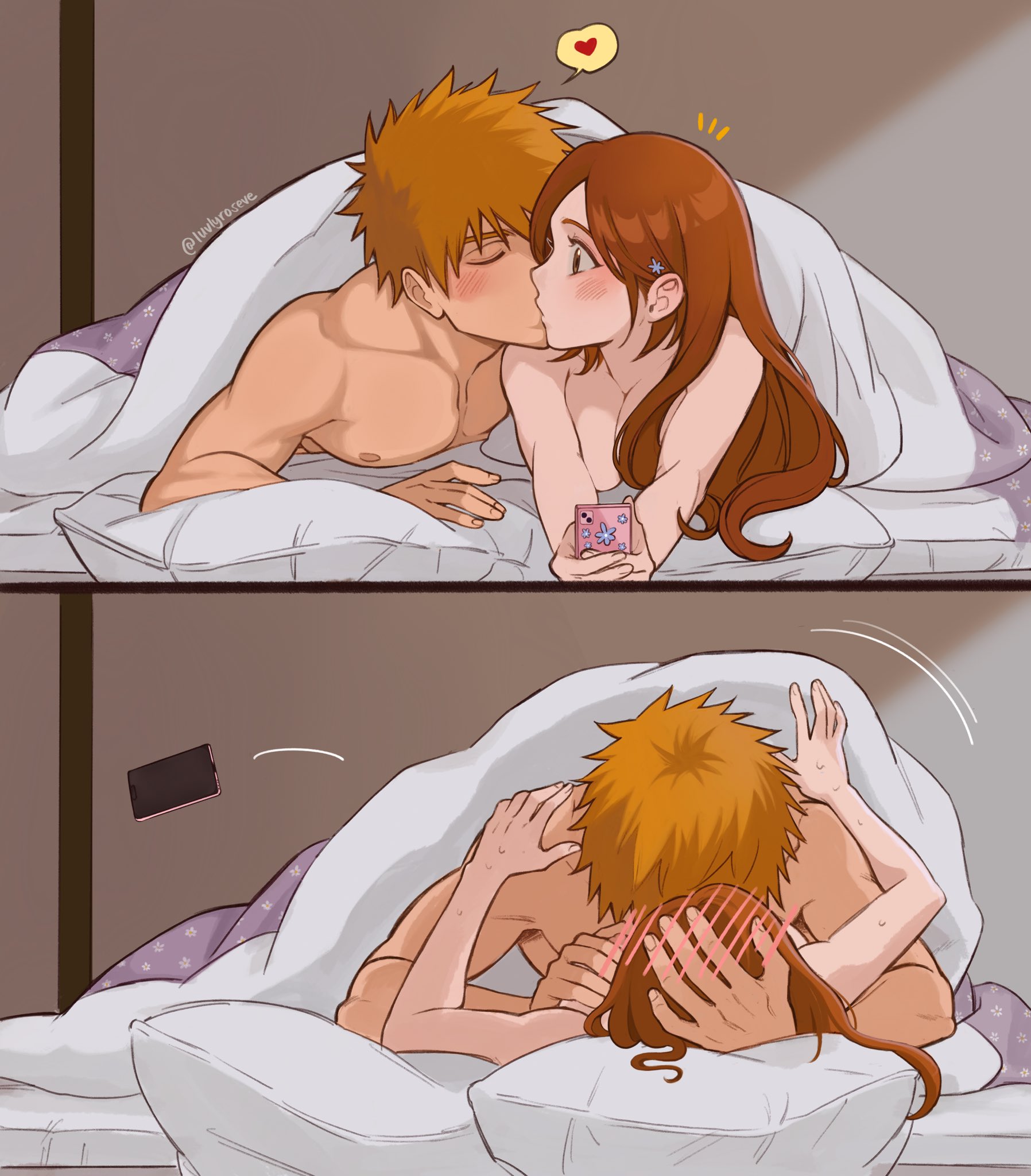 luvlyroseve, inoue orihime, kurosaki ichigo, bleach, commentary, english commentary, highres, 1boy, 1girl, bed sheet, blush, boy on top, breasts, brown eyes, collarbone, couple, hair behind ear, hair ornament, hairclip, hand on another's head, heart, hetero, holding, holding phone, indoors, kiss, large breasts, long hair, looking at another, lying, motion lines, notice lines, nude, on back, on stomach, orange hair, pectorals, phone, pillow, short hair, spiked hair, spoken heart, sweat, twitter username, under covers, upper body