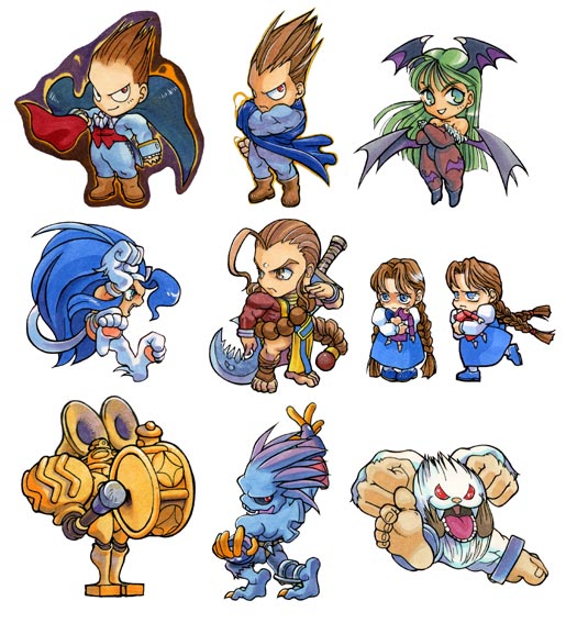 anita (darkstalkers), demitri maximoff, donovan baine, felicia (darkstalkers), huitzil (darkstalkers), lord raptor, morrigan aensland, sasquatch (darkstalkers), capcom, darkstalkers, print legwear, character request, 3boys, 4girls, animal hands, animal print, bat print, big foot, big hair, blue eyes, blue hair, body fur, brown eyes, brown hair, chibi, everyone, green eyes, green hair, head wings, multiple boys, multiple girls, pantyhose, red eyes, sword, tail, twintails, weapon, wings