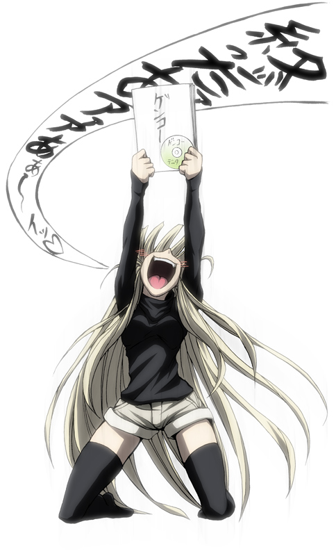 imizu (nitro unknown), evangeline a.k. mcdowell, mahou sensei negima!, translation request, 00s, 1girl, arms up, black thighhighs, blonde hair, breasts, cd, female focus, full body, happy, kneeling, long hair, open mouth, shorts, simple background, solo, thighhighs, vampire, very long hair, zettai ryouiki