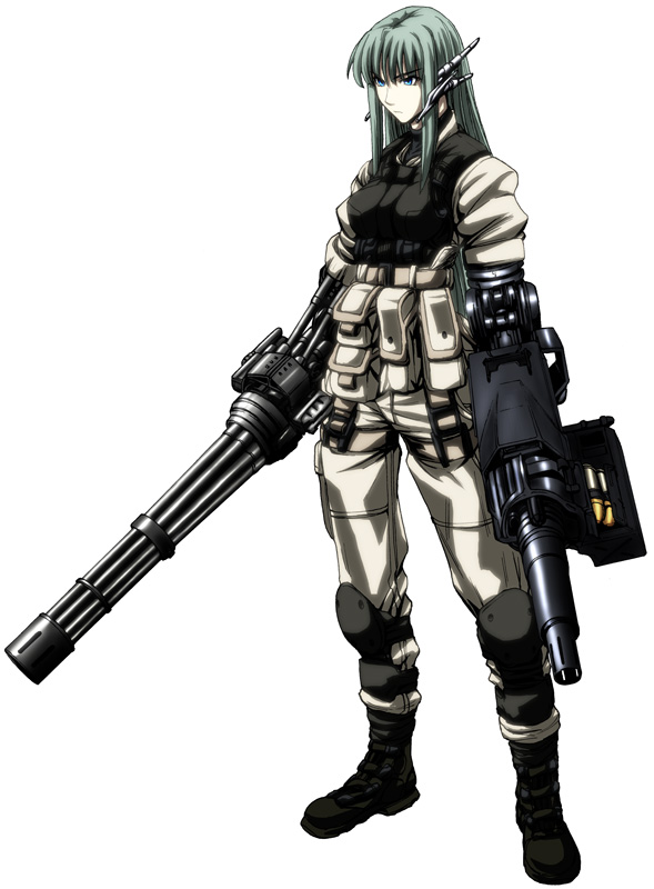 imizu (nitro unknown), karakuri chachamaru, mahou sensei negima!, 00s, 1girl, android, arm cannon, autocannon, automatic grenade launcher, blue eyes, cannon, explosive, female focus, gatling gun, green hair, grenade, grenade cartridge, grenade launcher, gun, load bearing vest, machine gun, military, military operator, military uniform, robot ears, rotary cannon, serious, solo, weapon