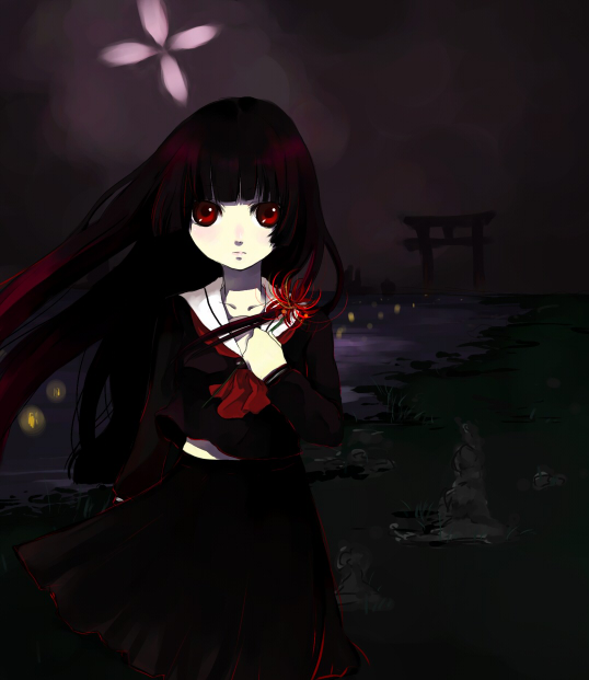 itou nanami, enma ai, jigoku shoujo, 00s, 1girl, black hair, black serafuku, black skirt, black theme, blunt bangs, dark, female focus, flower, hime cut, long hair, red eyes, red flower, school uniform, serafuku, skirt, solo, spider lily, torii