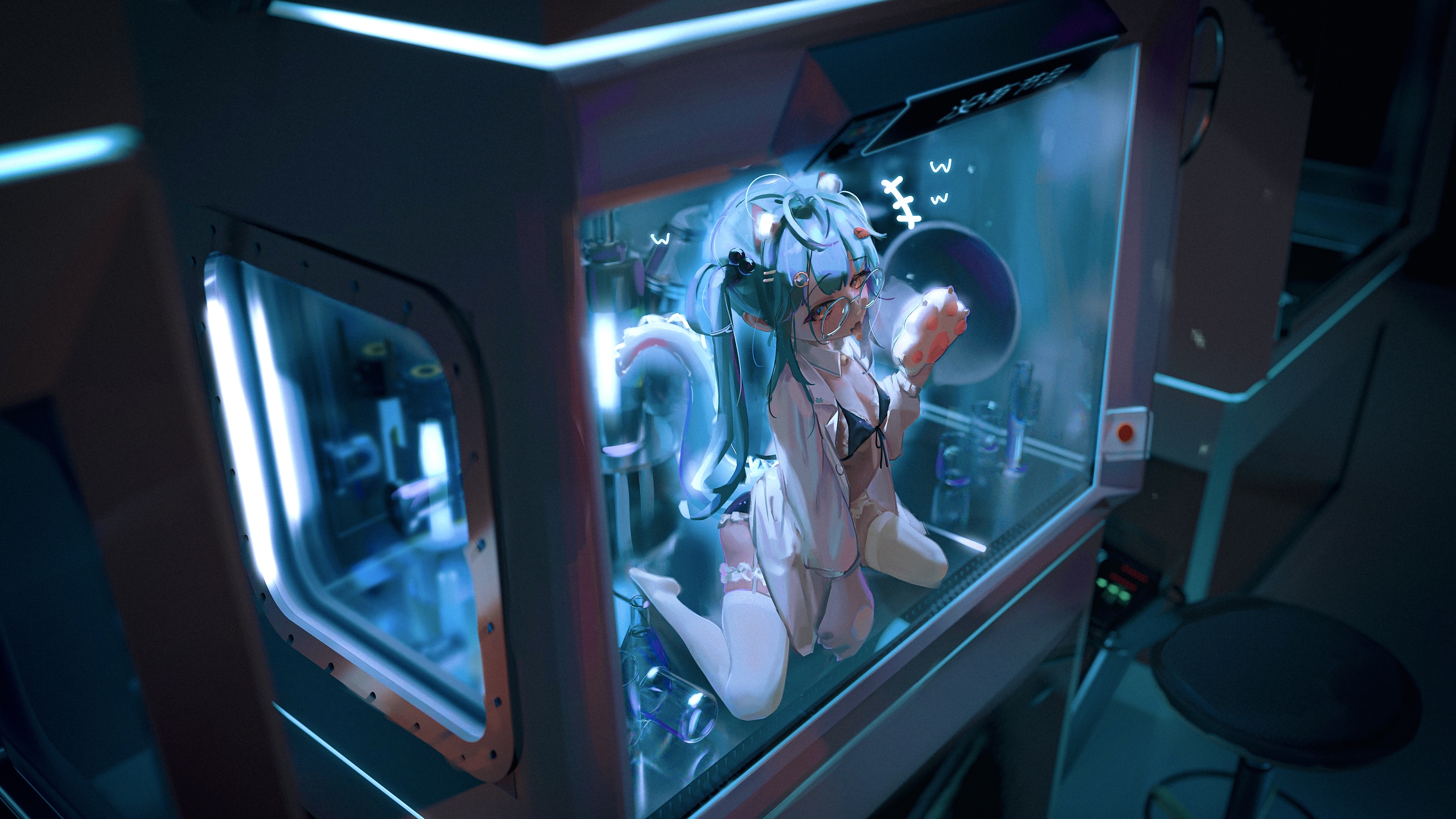 hsch, original, absurdres, highres, 1girl, animal ears, animal hands, bikini, black bikini, blue hair, breasts, cat ears, cat girl, cat tail, front-tie top, glasses, gloves, hair ornament, indoors, kneeling, long sleeves, looking at viewer, open clothes, open mouth, open shirt, paw gloves, shirt, shorts, small breasts, solo, swimsuit, tail, thighhighs, twintails, white shirt, white thighhighs