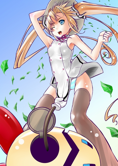 mak, kuonji miyu, kimi ga aruji de shitsuji ga ore de, bad id, bad pixiv id, 00s, 1girl, blue eyes, dress, female focus, legs, panties, robot, solo, striped clothes, striped panties, thighhighs, underwear, wind, wind lift
