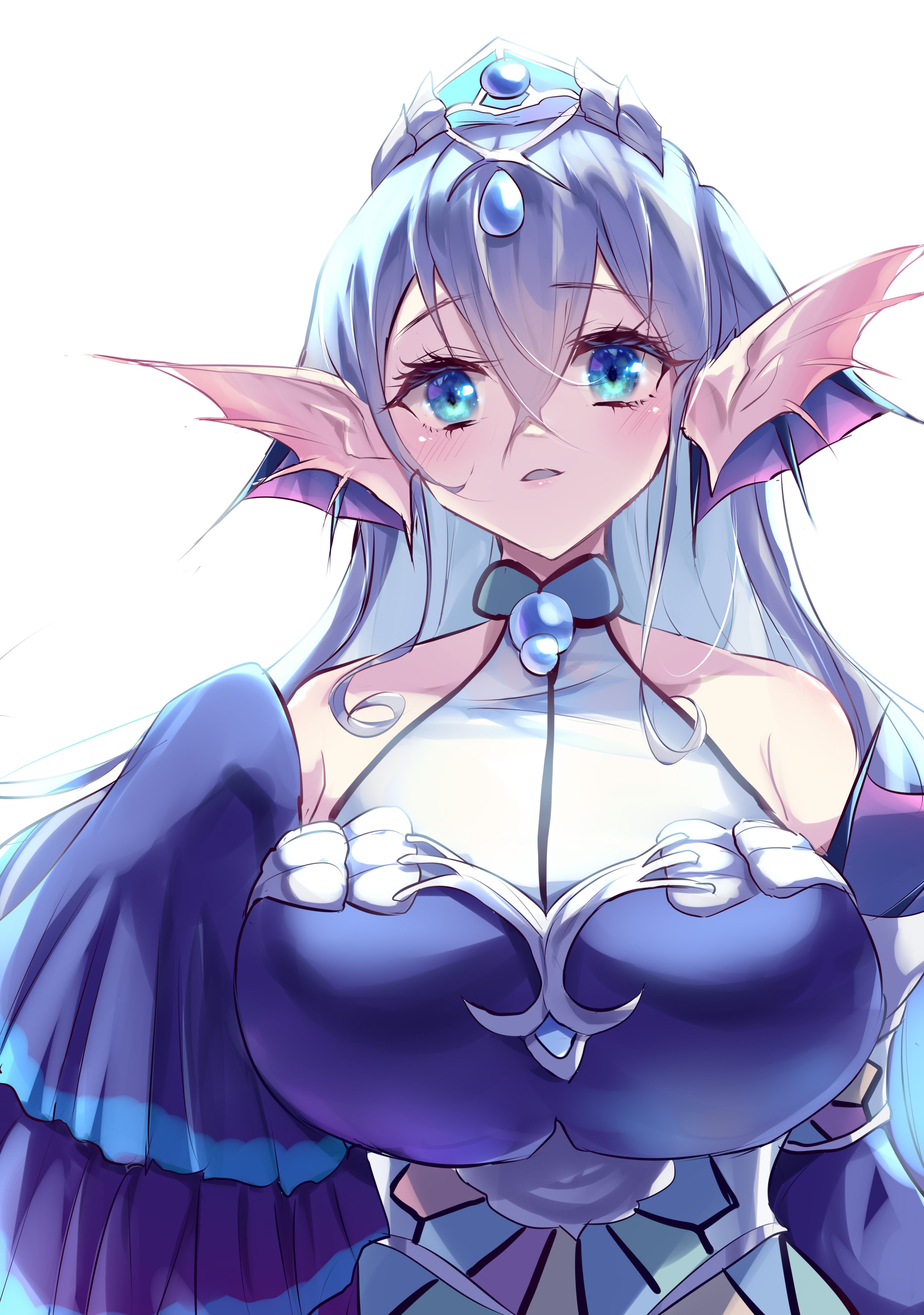 kanzakietc, kitkallos (yu-gi-oh!), tearlaments kitkallos, yu-gi-oh!, absurdres, commentary request, highres, 1girl, bare shoulders, blue eyes, blue sleeves, breasts, detached sleeves, duel monster, grey hair, large breasts, long hair, simple background, sleeves past wrists, solo, upper body, white background