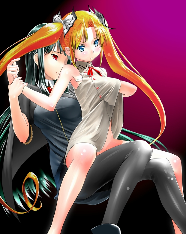 mak, kuonji miyu, kuonji shinra, kimi ga aruji de shitsuji ga ore de, bad id, bad pixiv id, 00s, 2girls, black hair, blonde hair, blue eyes, breasts, dress, grabbing another's breast, groping, hand under clothes, hand under shirt, incest, long hair, medium breasts, multiple girls, no panties, pantyhose, red eyes, ribbon, shirt, twintails, yuri