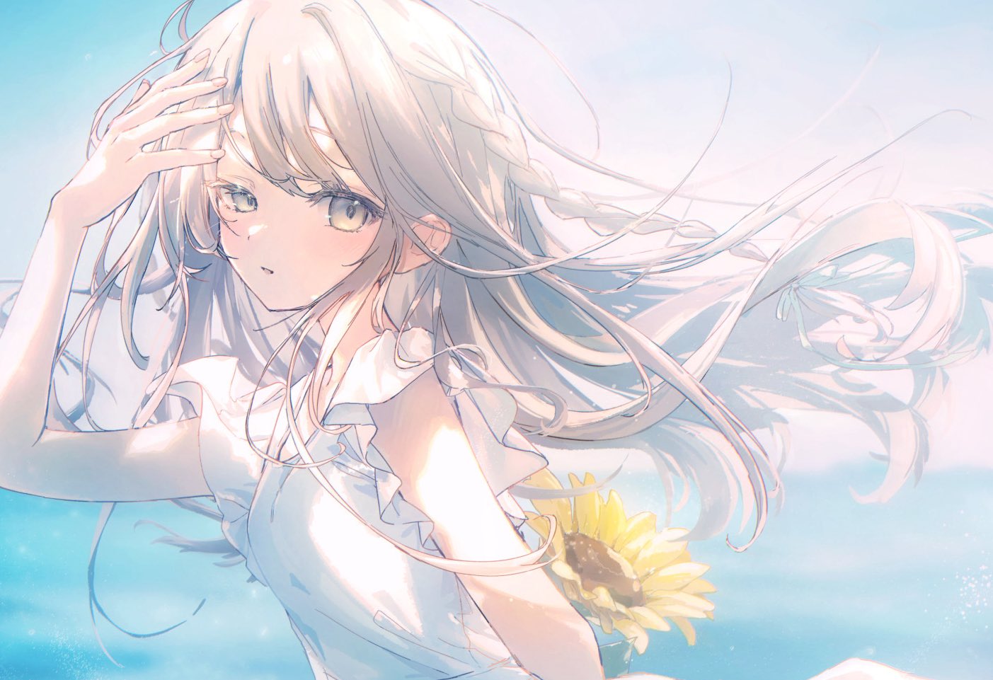 suzumori uina, original, commentary request, 1girl, adjusting hair, braid, breasts, dress, fingernails, flower, grey eyes, grey hair, half-closed eye, hand up, long hair, looking at viewer, parted lips, short sleeves, small breasts, sunflower, upper body, white dress, yellow flower