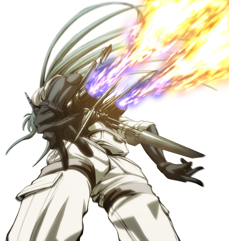 imizu (nitro unknown), karakuri chachamaru, mahou sensei negima!, jet, 00s, 1girl, aircraft, airplane, cargo pants, fanny pack, female focus, fire, from below, gloves, green hair, long hair, pants, robot, robot ears, solo, thrusters