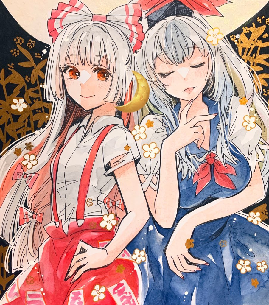akaioringo2023, fujiwara no mokou, kamishirasawa keine, touhou, 2girls, blue dress, closed eyes, collared shirt, dress, long hair, looking at viewer, multiple girls, overalls, red eyes, red overalls, shirt, short sleeves, sleeveless, smile, very long hair, white hair, white shirt