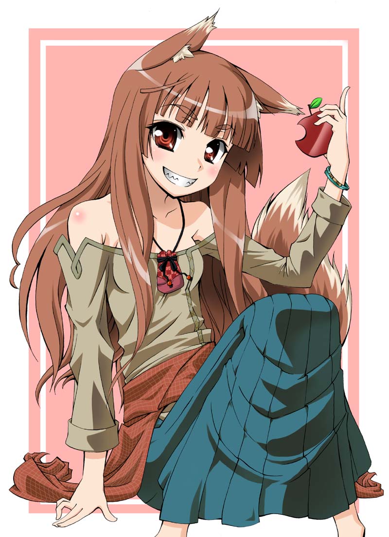 tsukino kitsune, holo, spice and wolf, 00s, 1girl, animal ears, apple, bare shoulders, brown hair, female focus, food, fruit, holding, holding food, holding fruit, long hair, red eyes, solo, wolf ears