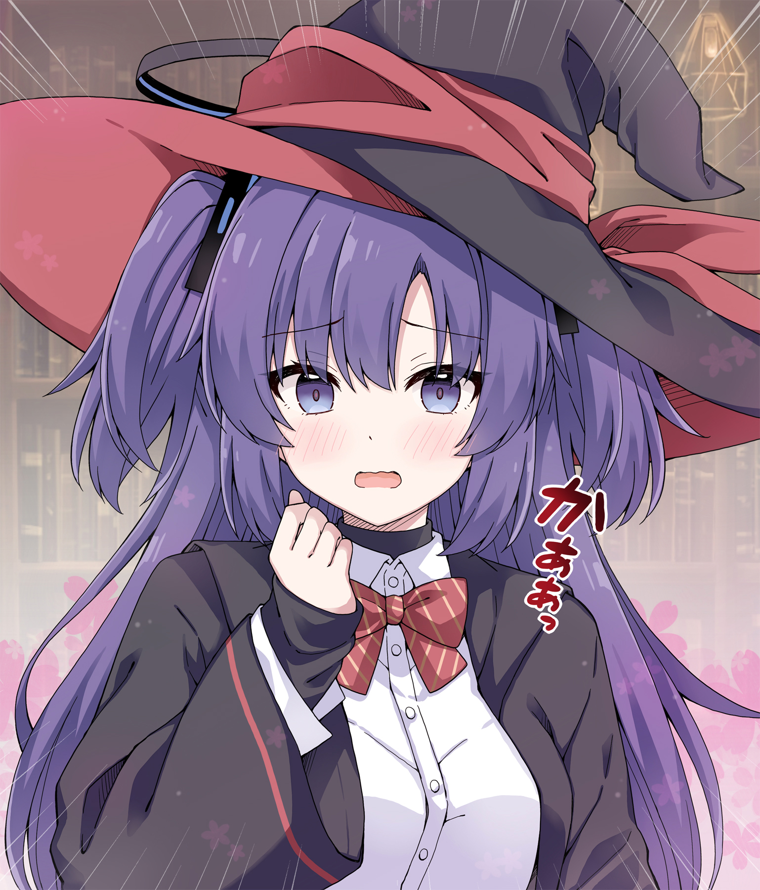 rioshi, eri (blue archive), yuuka (blue archive), blue archive, highres, 1girl, black halo, black hat, bow, collared shirt, cosplay, hair between eyes, hair ornament, halo, hat, long hair, long sleeves, looking at viewer, nervous, open mouth, purple eyes, purple hair, shirt, short twintails, solo, striped bow, twintails, white shirt, witch, witch hat
