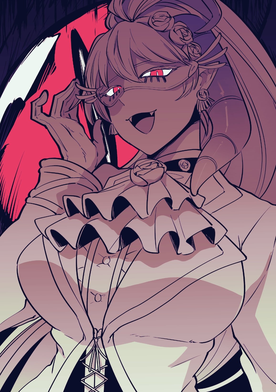 asmodeus amaryllis, mairimashita! iruma-kun, highres, 1girl, abstract background, antenna hair, ascot, brooch, buttons, coat, demon girl, earrings, eye mask, fangs, flower, flower brooch, flower earrings, gloves, hair flower, hair ornament, horns, isiko mim z, jewelry, lapels, long hair, looking at viewer, open mouth, pointy ears, ponytail, red eyes, rose, single horn, slit pupils, smile, solo, upper body