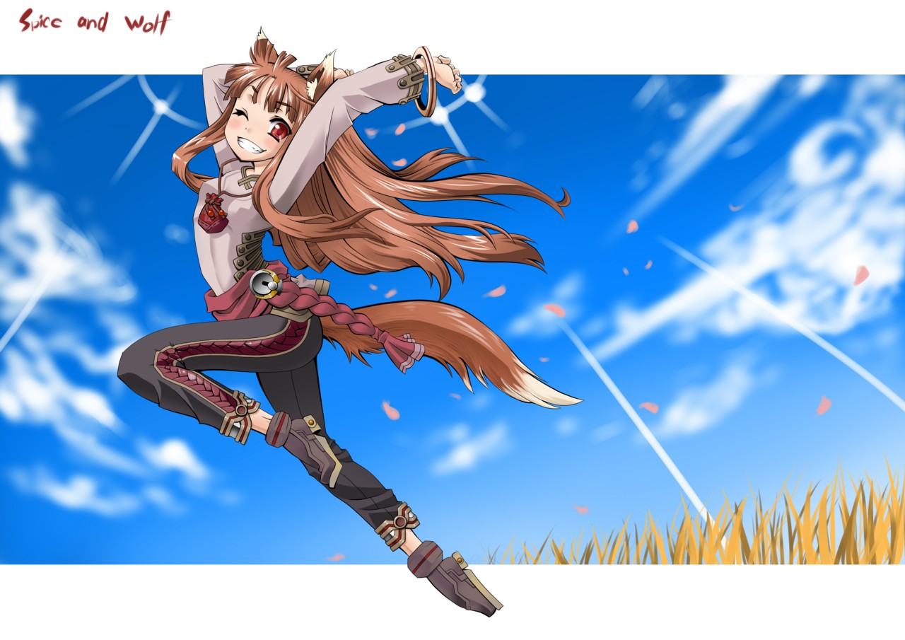 tsukino kitsune, holo, spice and wolf, 00s, animal ears, brown hair, long hair, petals, red eyes, solo, tail, wolf ears, wolf tail
