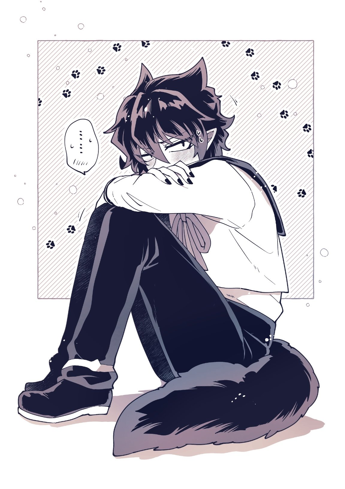 naberius kalego, opera (iruma-kun), mairimashita! iruma-kun, highres, …, 1boy, blush, cosplay, dog tail, embarrassed, full body, greyscale, high-waist pants, hugging own legs, isiko mim z, long sleeves, male focus, monochrome, nail polish, opera (iruma-kun) (cosplay), pants, paw print, pointy ears, ribbon, sailor collar, school uniform, serafuku, shirt, shoes, short hair, sitting, solo, spoken ellipsis, tail, undershirt