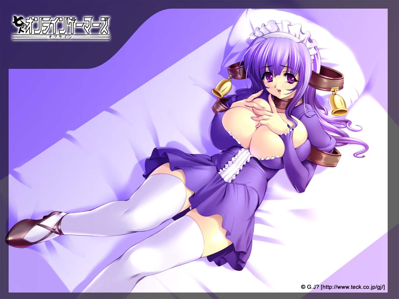 gunner-l, crim (shichinin no online gamers), shichinin no online gamers, 1girl, bed, bell, blue hair, blush, breast suppress, breasts, breasts squeezed together, choker, cleavage, covered erect nipples, dress, dutch angle, female focus, fingernails, frills, from above, hair ornament, high heels, huge breasts, large breasts, long fingernails, long hair, maid, maid headdress, nail (hardware), no bra, panties, pantyshot, pillow, purple eyes, purple hair, shoes, smile, solo, strap, thighhighs, underwear, white thighhighs, zettai ryouiki