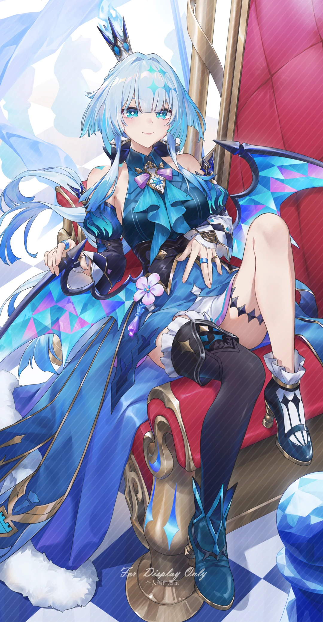 swkl:d, cerydra (honkai: star rail), honkai: star rail, honkai (series), highres, 1girl, asymmetrical footwear, asymmetrical legwear, bare shoulders, black thighhighs, blue eyes, blue hair, blue shoes, bright pupils, closed mouth, couch, crown, detached sleeves, english text, grey hair, jewelry, long hair, long sleeves, looking at viewer, mini crown, mismatched footwear, mismatched legwear, multicolored hair, multiple rings, on couch, ring, shoes, sitting, smile, socks, solo, thighhighs, very long hair, watermark, white pupils, white socks