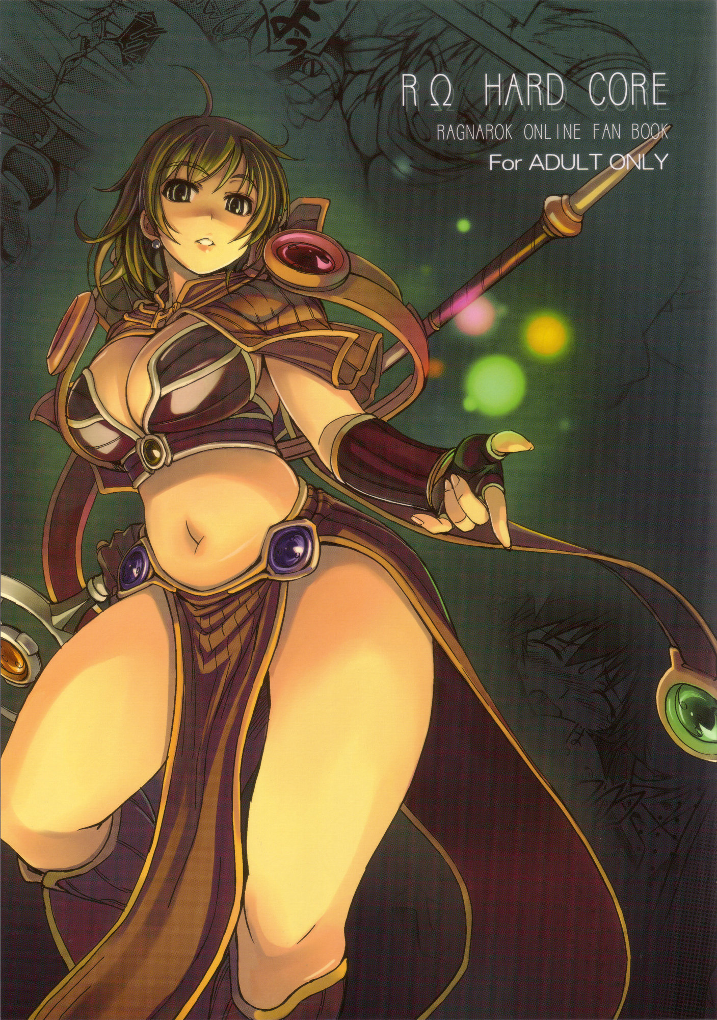 mil (xration), sage (ragnarok online), ragnarok online, highres, 1girl, armor, breasts, cleavage, curvy, earrings, female focus, gloves, green eyes, green hair, jewelry, large breasts, matching hair/eyes, outstretched arm, outstretched hand, reaching, solo, staff, weapon
