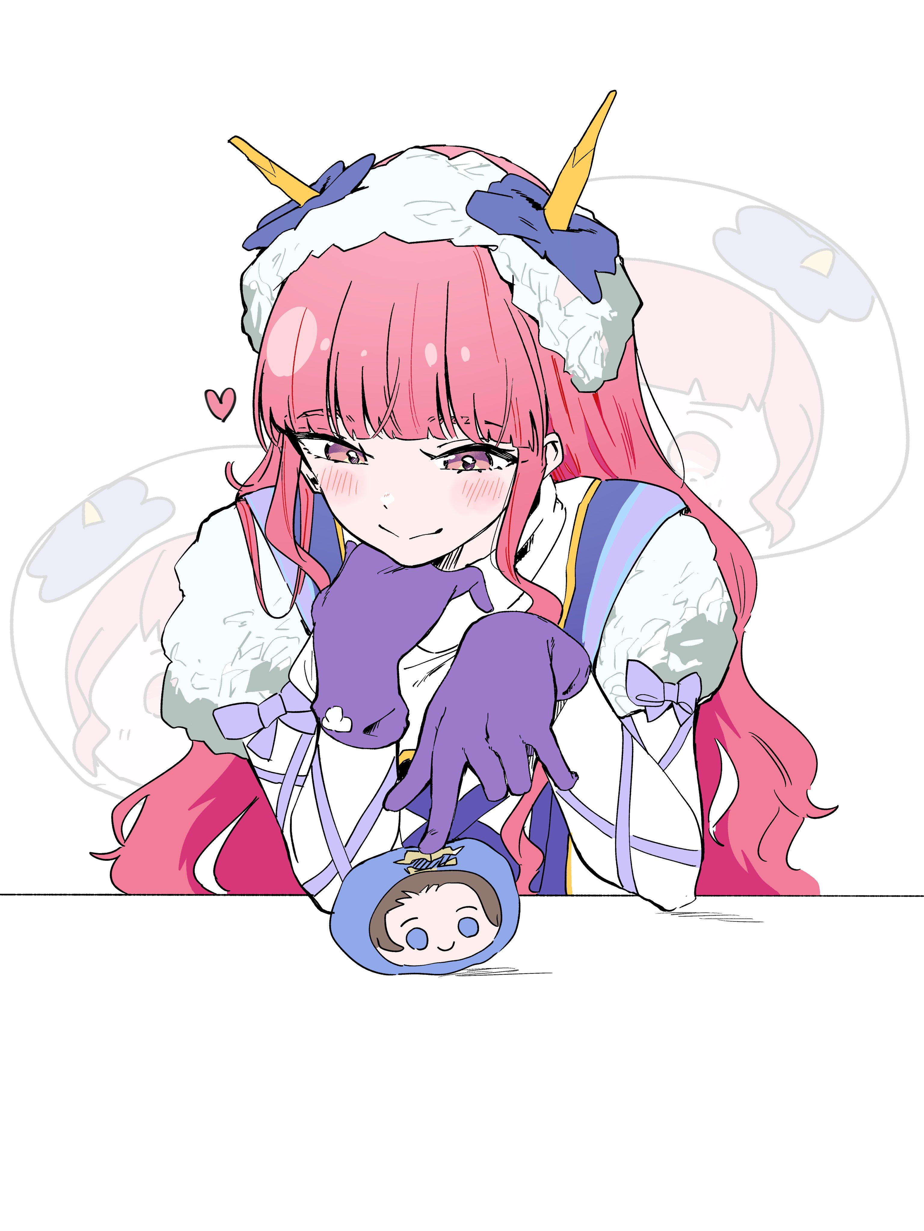 moku hachi, boquet (super sentai), byakuya rikuo, no.1 sentai gozyuger, super sentai, absurdres, highres, 1girl, blush, gloves, gozyuleon, horns, long hair, pink eyes, pink hair, purple gloves, simple background, smile, upper body, white background