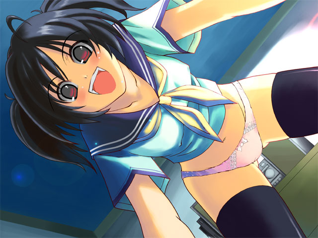 amari yuki, black hair, blush, panties, pink panties, school uniform, serafuku, solo, thighhighs, underwear