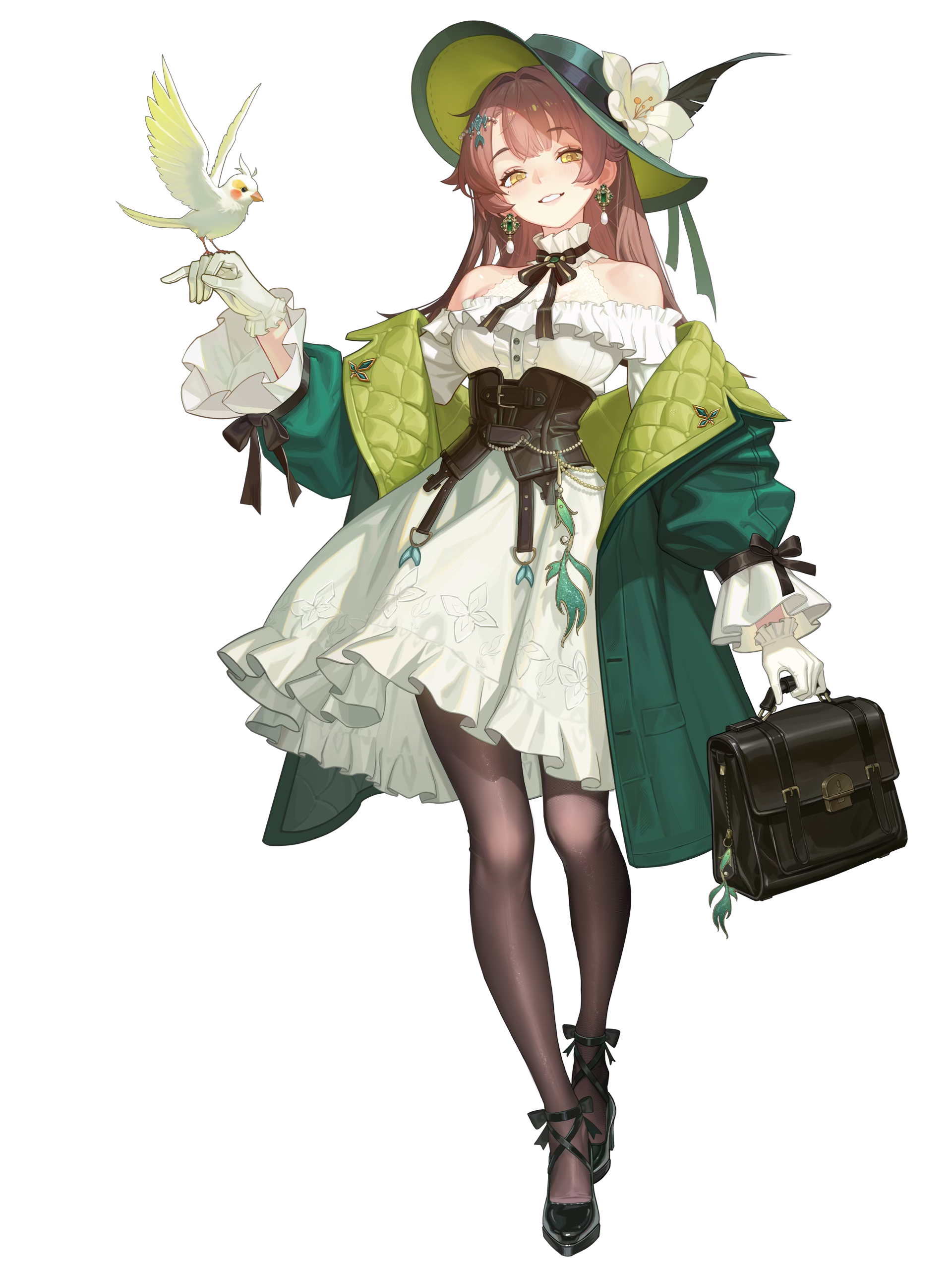 original, absurdres, highres, 1girl, akilln, ankle bow, ankle ribbon, bag, bare shoulders, bird, bird on hand, black bow, black corset, black pantyhose, black ribbon, black shoes, bow, brown hair, clothing cutout, coat, corset, dress, earrings, flower, frilled dress, frills, full body, gloves, green coat, green hat, grin, hand up, hat, hat feather, hat flower, heic-to-png conversion, holding, holding bag, jewelry, long hair, long sleeves, looking at viewer, neck ribbon, off shoulder, open clothes, open coat, pantyhose, parrot, puffy long sleeves, puffy sleeves, ribbon, shoes, short dress, shoulder cutout, smile, solo, standing, transparent background, white dress, white flower, white gloves, yellow eyes
