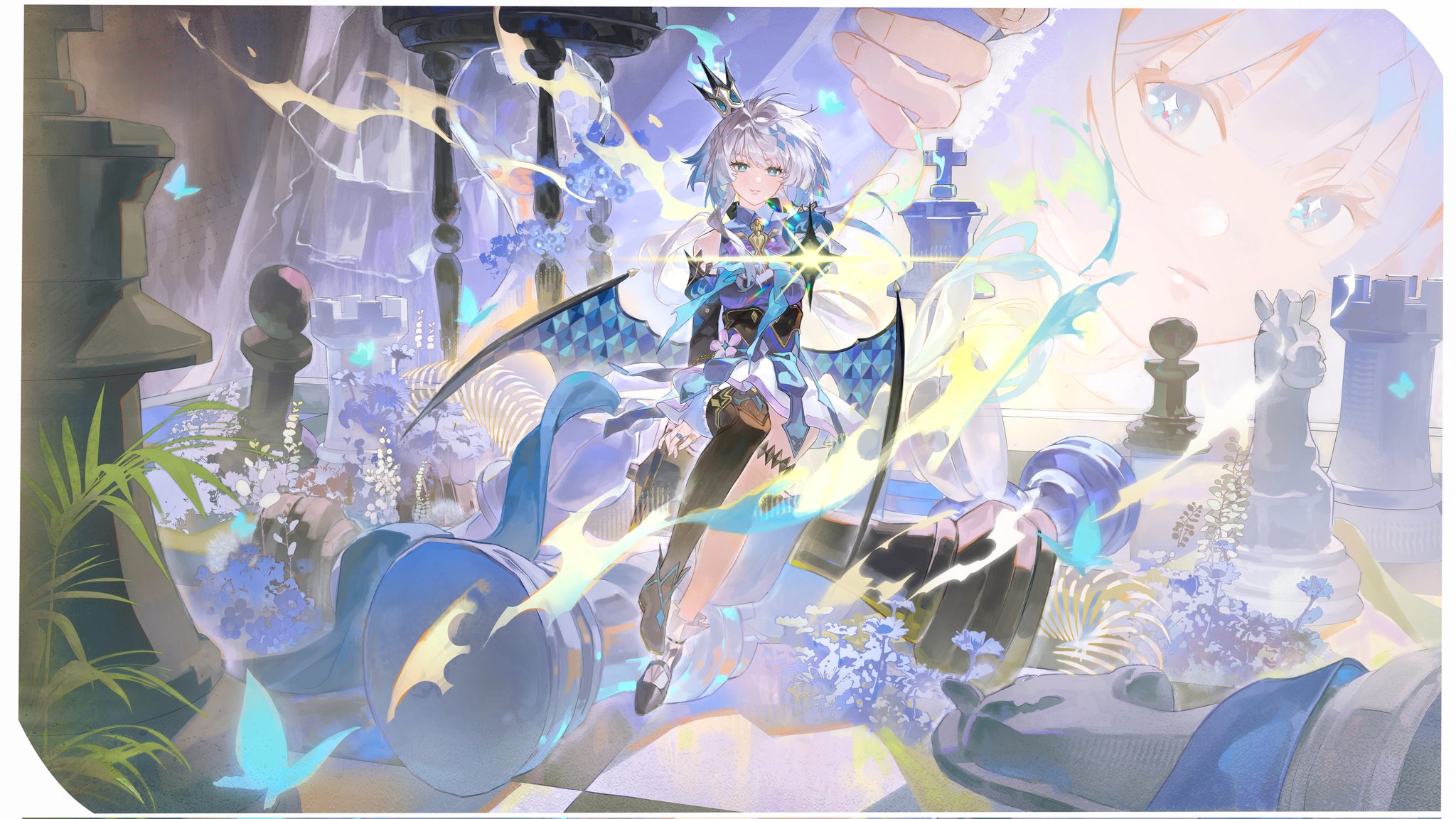 m iumiu1224, cerydra (honkai: star rail), honkai: star rail, honkai (series), highres, 1girl, blue dress, chess piece, chessboard, crown, dress, king (chess), mini crown, queen (chess), rook (chess), solo
