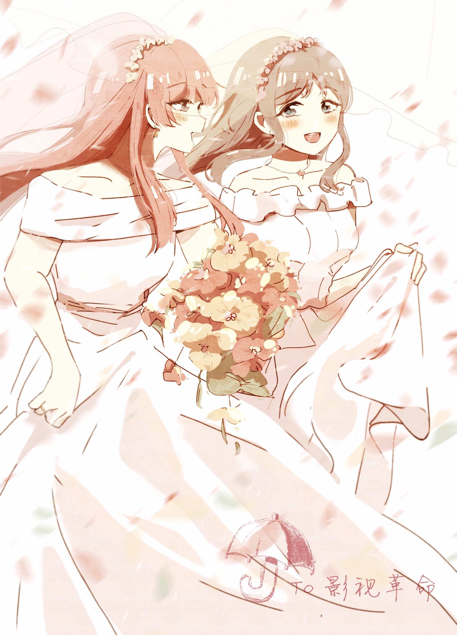 sangdingting, chihaya anon, nagasaki soyo, bang dream!, bang dream! it's mygo!!!!!, commentary, commission, highres, 2girls, blue eyes, blush, bouquet, brown hair, dress, flower, grey eyes, holding, holding bouquet, long hair, multiple girls, open mouth, pink hair, skirt hold, wedding dress, white dress, wife and wife, yuri
