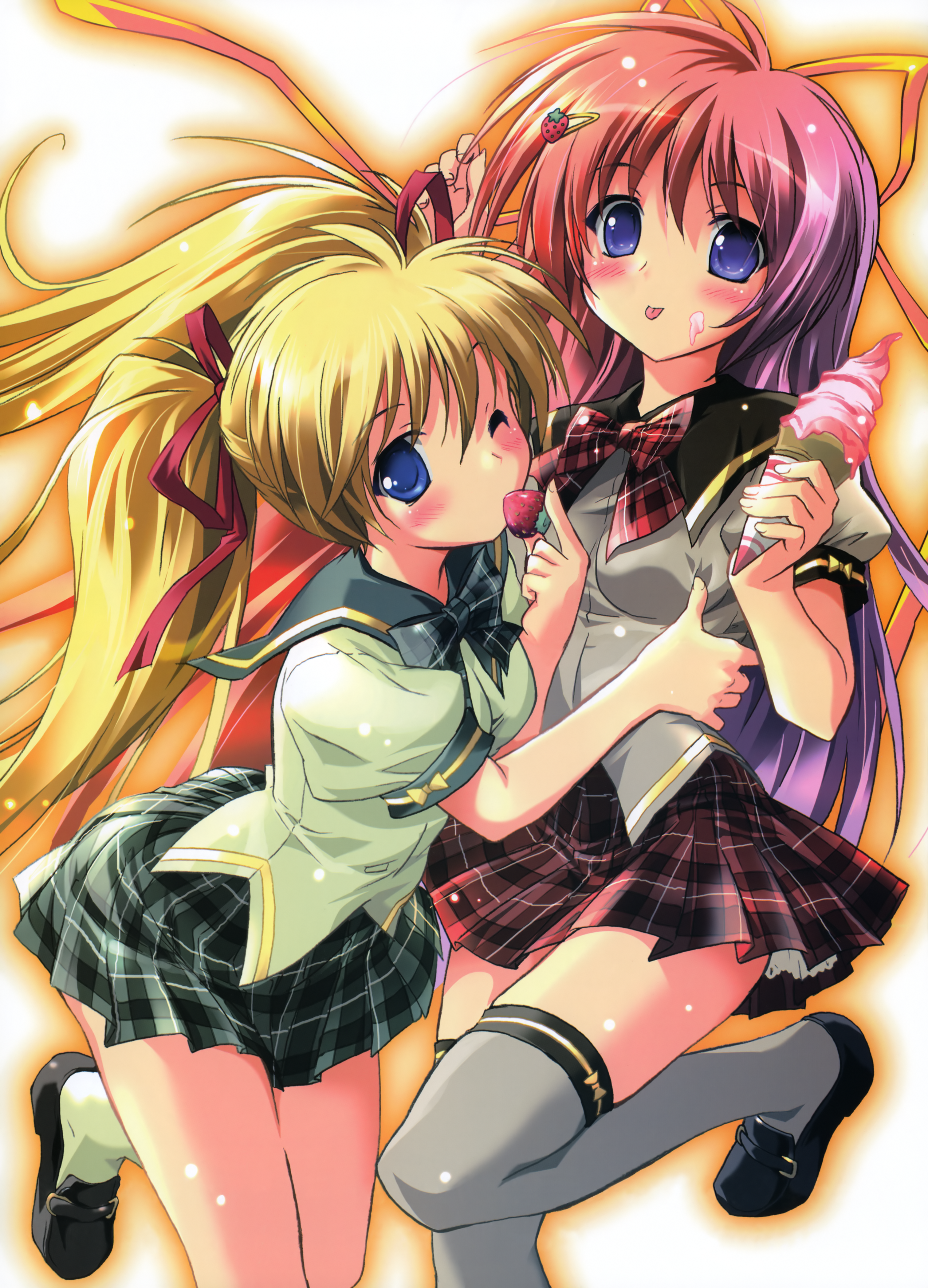 komatsu eiji, absurdres, highres, 2girls, :p, blonde hair, blue eyes, blush, food, fruit, ice cream, multiple girls, red hair, ribbon, school uniform, serafuku, strawberry, thighhighs, tongue, tongue out, twintails