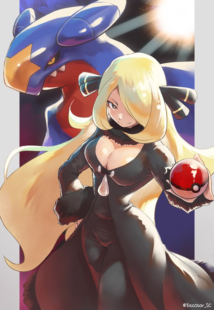 yotastar, cynthia (pokemon), garchomp, nintendo, pokemon, pokemon dppt, 1girl, black coat, black eyes, black pants, black sclera, blonde hair, breasts, cleavage, coat, colored sclera, cowboy shot, dragon, gen 4 pokemon, hair over one eye, holding, holding poke ball, large breasts, pants, poke ball, poke ball (basic), smile, solo focus, twitter username, yellow eyes