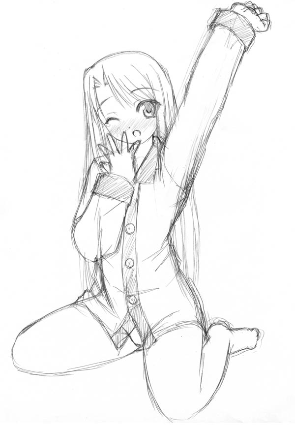 illyasviel von einzbern, fate/stay night, fate (series), 00s, barefoot, full body, greyscale, monochrome, nightshirt, pajamas, sketch, sleepy, solo, stretching, yawning