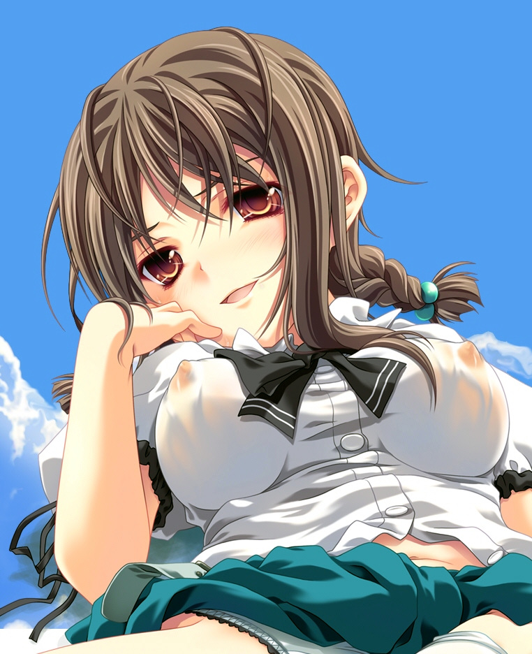 1girl, breasts, brown hair, female focus, medium breasts, nipples, no bra, panties, school uniform, see-through clothes, serafuku, skirt, sky, solo, underwear
