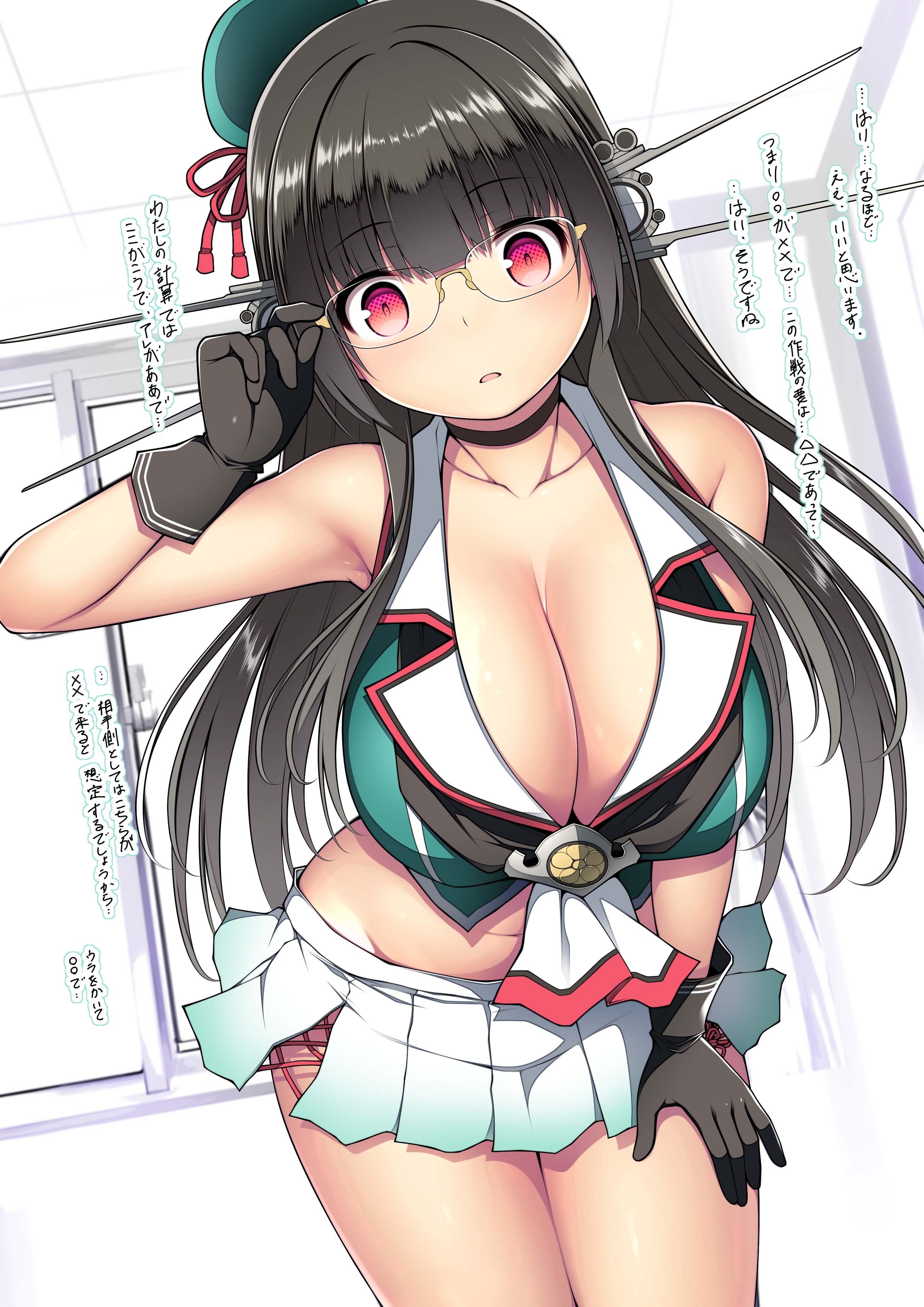 kuromayu, choukai (kancolle), choukai kai ni (kancolle), kantai collection, absurdres, highres, translation request, 1girl, adjusting eyewear, bare shoulders, beret, black choker, black gloves, black hair, blue hat, blush, breasts, choker, cleavage, crop top, glasses, gloves, hand on eyewear, hat, headgear, indoors, large breasts, leaning forward, long hair, midriff, miniskirt, parted lips, pleated skirt, red eyes, skirt, sleeveless, solo, window