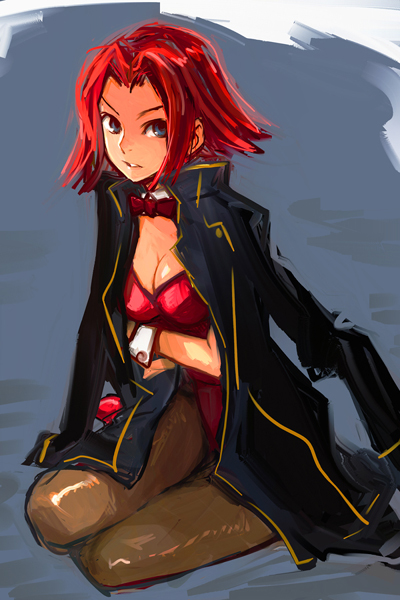 takada hiro, kouzuki kallen, code geass, 00s, 1girl, animal ears, bow, bowtie, coat, fake animal ears, female focus, jacket, jacket on shoulders, leotard, pantyhose, playboy bunny, rabbit ears, rabbit girl, red hair, red leotard, solo, wrist cuffs