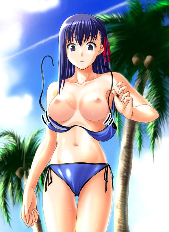 matou sakura, fate/stay night, fate (series), 00s, 1girl, bikini, bikini pull, bikini tan, blue bikini, breasts, clothes pull, day, female focus, large breasts, nipples, outdoors, palm tree, purple eyes, purple hair, shiny clothes, side-tie bikini bottom, solo, surprised, swimsuit, tan, tanline, thigh gap, tree, wardrobe malfunction, wet