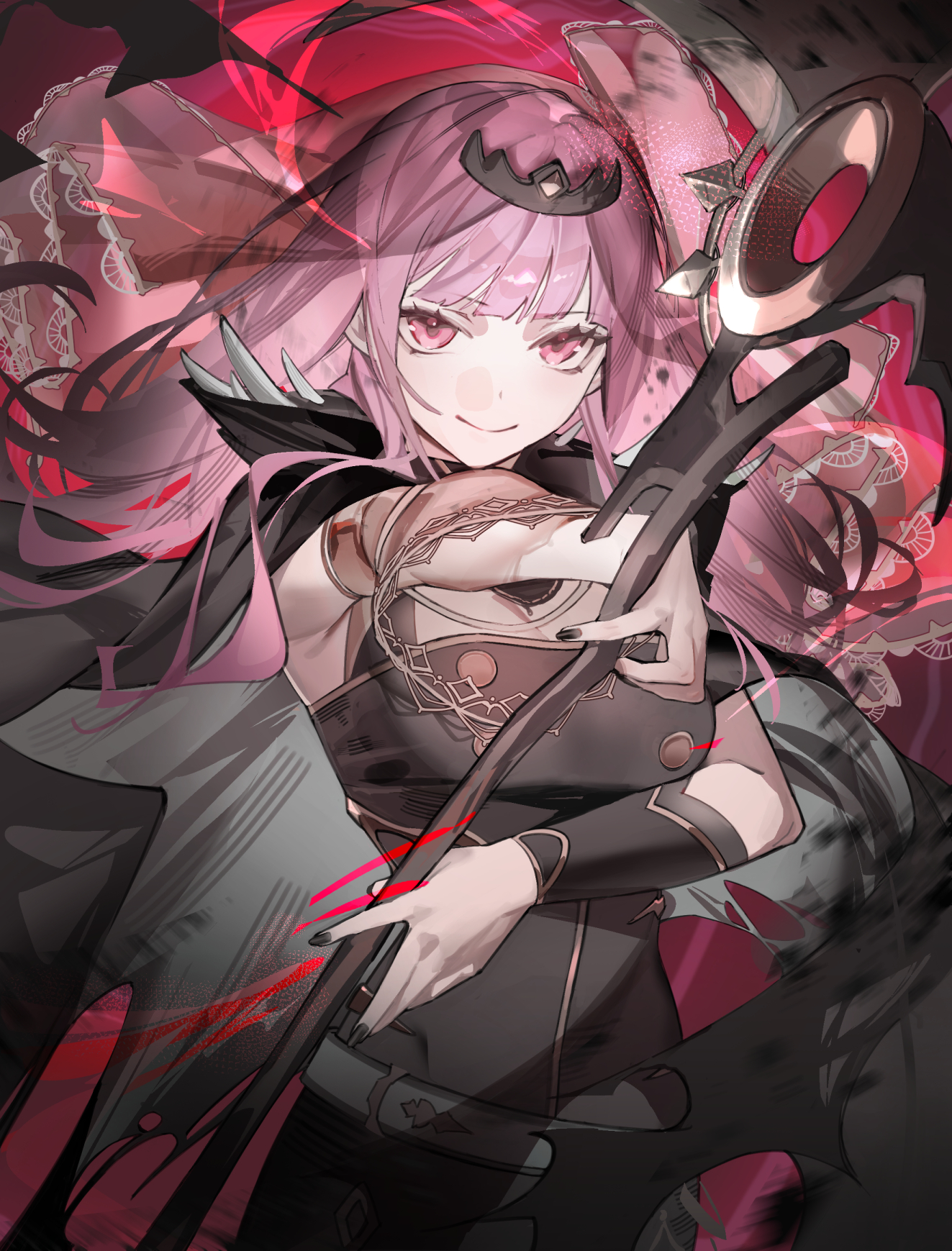 kouhiipan, mori calliope, mori calliope (1st costume), hololive, hololive english, highres, 1girl, black dress, breasts, closed mouth, cowboy shot, dress, holding, holding scythe, large breasts, long hair, pink eyes, pink hair, scythe, see-through clothes, see-through veil, smile, solo, veil, virtual youtuber