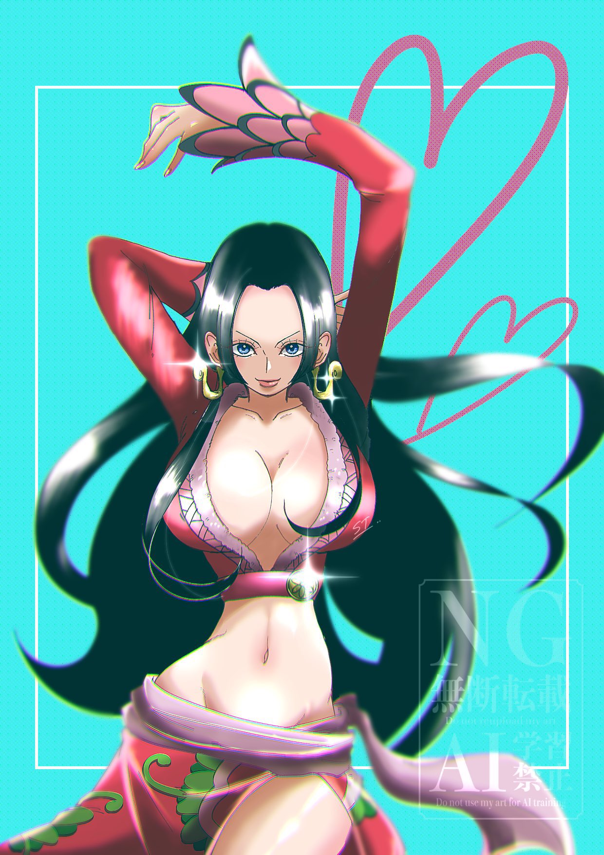 stktik09060906, boa hancock, one piece, highres, 1girl, arm behind head, arms up, black hair, blue eyes, breasts, cleavage, cowboy shot, earrings, heart, jewelry, large breasts, long hair, red skirt, skirt, snake earrings, solo