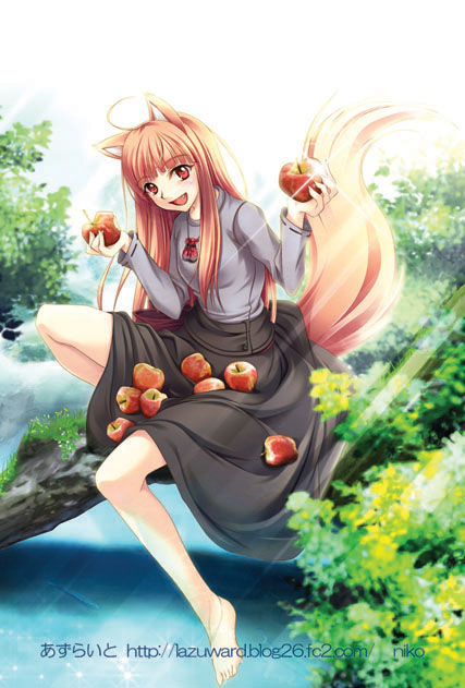 niko, niko (azurite), holo, spice and wolf, 00s, 1girl, animal ears, apple, barefoot, brown hair, fang, female focus, food, fruit, holding, holding food, holding fruit, long hair, red eyes, skirt basket, solo, tail, wolf ears, wolf tail