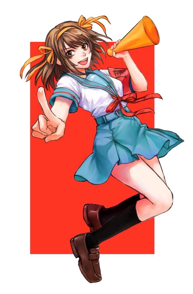 suzumiya haruhi, suzumiya haruhi no yuuutsu, commentary request, 1girl, :d, armband, black socks, blue sailor collar, blue skirt, brown eyes, brown hair, brown shoes, full body, hair ribbon, hairband, holding, holding megaphone, index finger raised, kita high school uniform, kneehighs, loafers, looking at viewer, medium hair, megaphone, mmk1512, open mouth, red armband, red ribbon, ribbon, sailor collar, school uniform, serafuku, shoes, short sleeves, skirt, smile, socks, solo, summer uniform, teeth, thighs, tongue, upper teeth only, yellow hairband, yellow ribbon