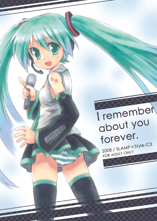 koshiki yuuichi, hatsune miku, vocaloid, 1girl, aqua hair, english text, engrish text, female focus, microphone, panties, ranguage, solo, striped clothes, striped panties, thighhighs, twintails, underwear