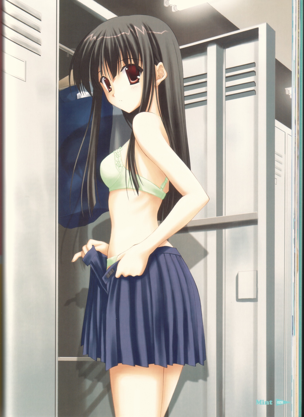 nanao naru, highres, 1girl, black hair, bra, female focus, lingerie, locker, locker room, red eyes, skirt, solo, underwear, undressing