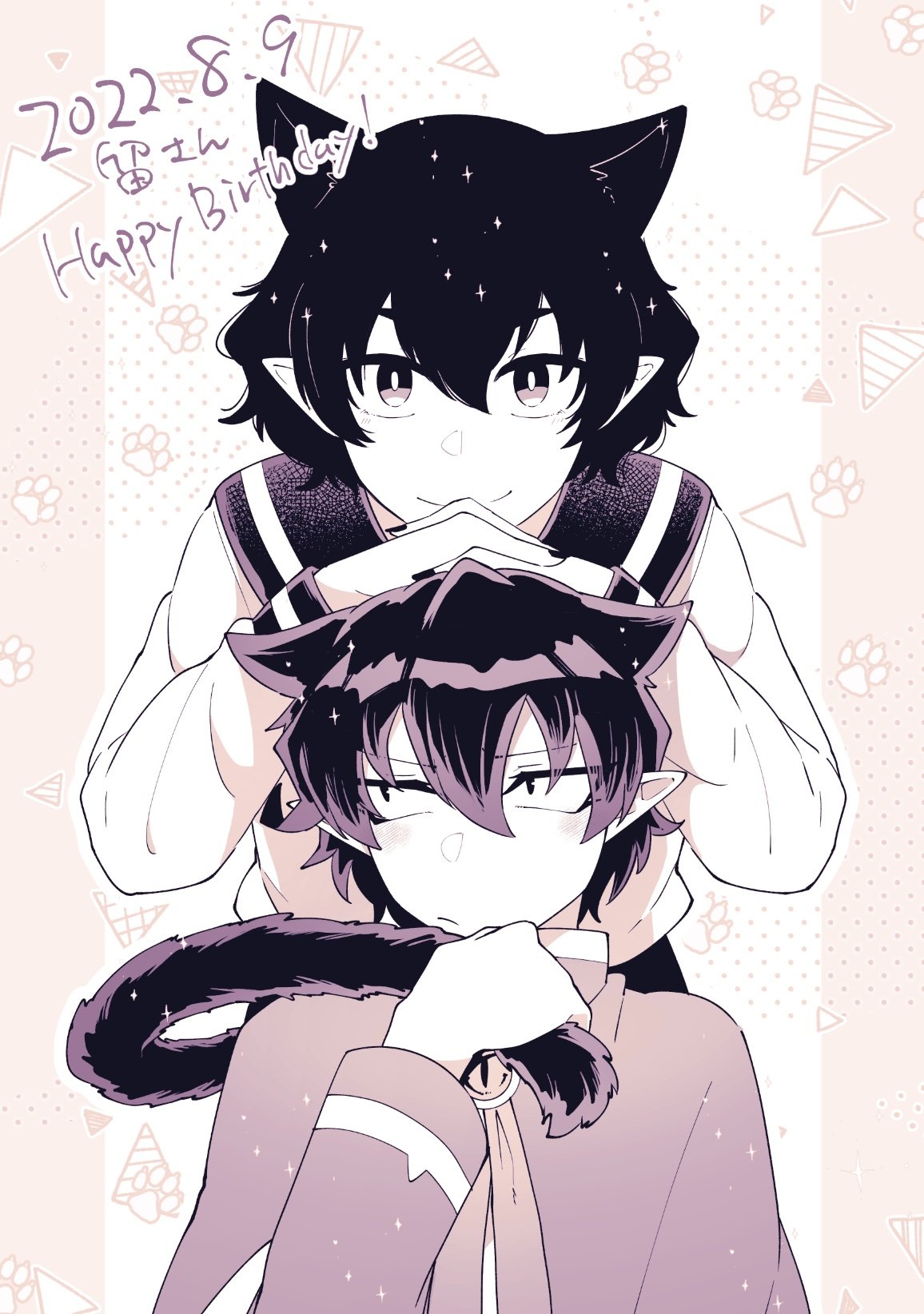 naberius kalego, opera (iruma-kun), mairimashita! iruma-kun, highres, 1boy, 1other, 2022, animal ears, brooch, capelet, cat ears, cat tail, dated, extra ears, hair between eyes, happy birthday, height difference, holding another's tail, isiko mim z, jewelry, leaning on person, long sleeves, looking at viewer, looking to the side, monochrome, nail polish, own hands together, paw print, pointy ears, sailor collar, school uniform, sepia, serafuku, shirt, short hair, simple background, smile, tail, upper body
